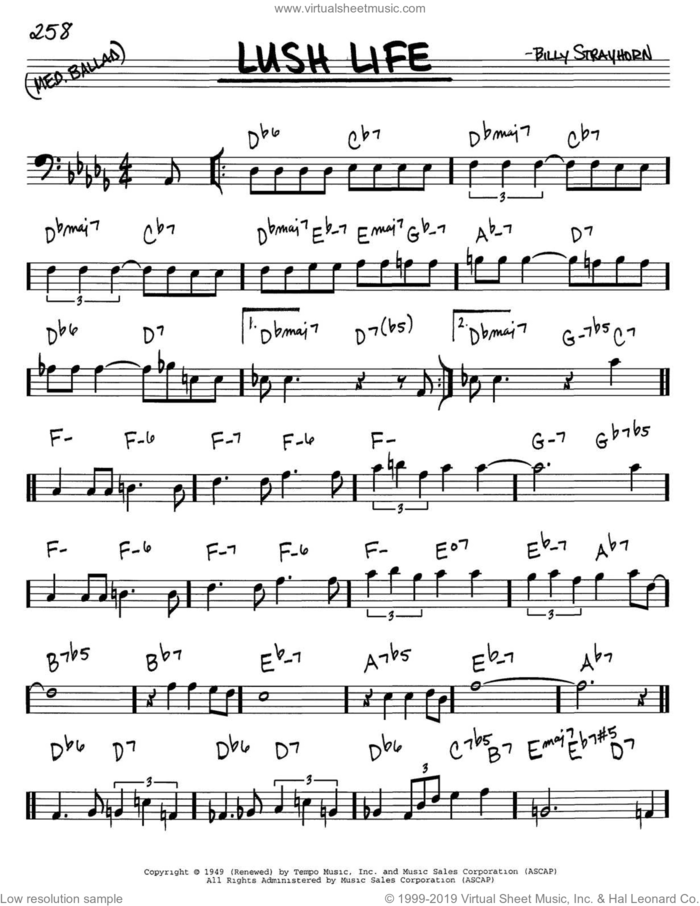Lush Life sheet music for voice and other instruments (bass clef) by Billy Strayhorn, intermediate skill level