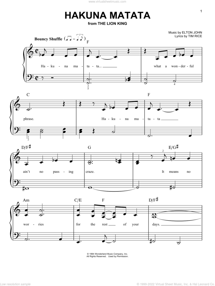 Hakuna Matata (from The Lion King), (beginner) (from The Lion King) sheet music for piano solo by Elton John and Tim Rice, beginner skill level