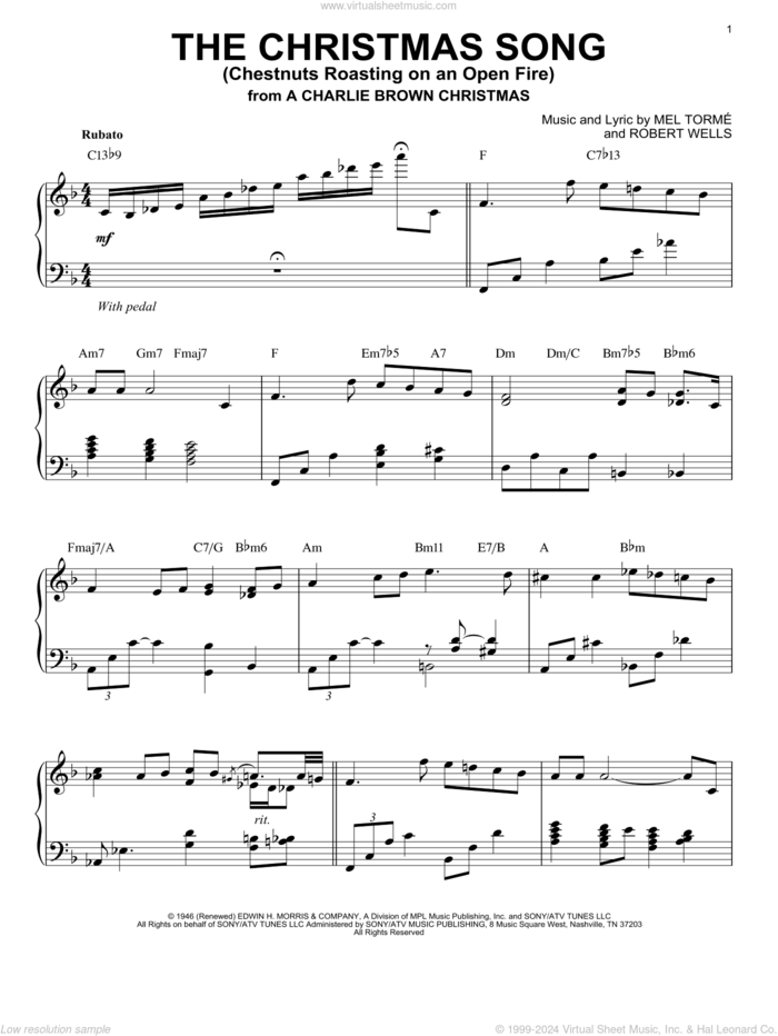 The Christmas Song (Chestnuts Roasting On An Open Fire) sheet music for piano solo by Mel Torme, Mel Torme and Robert Wells, intermediate skill level