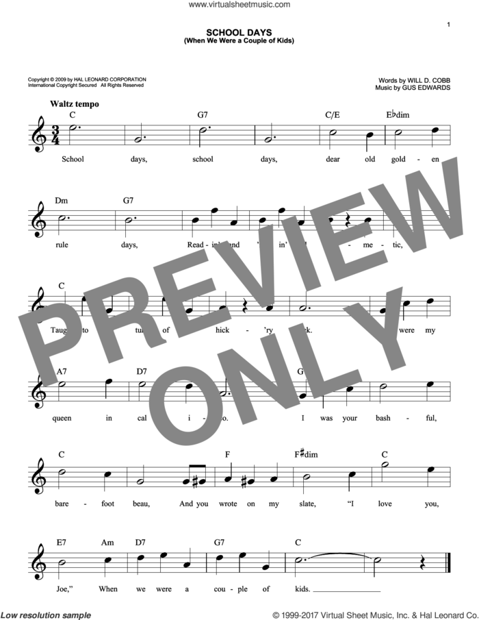 School Days (When We Were A Couple Of Kids) sheet music for voice and other instruments (fake book) by Gus Edwards and Will D. Cobb, easy skill level