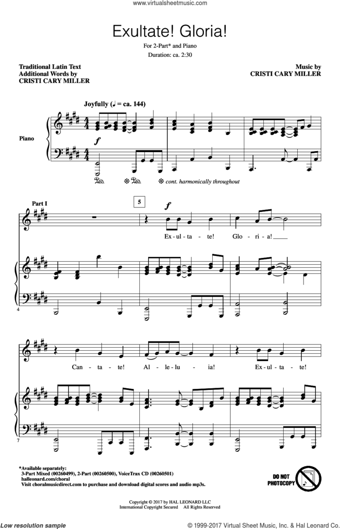 Exultate! Gloria! sheet music for choir (2-Part) by Cristi Cary Miller and Miscellaneous, intermediate duet