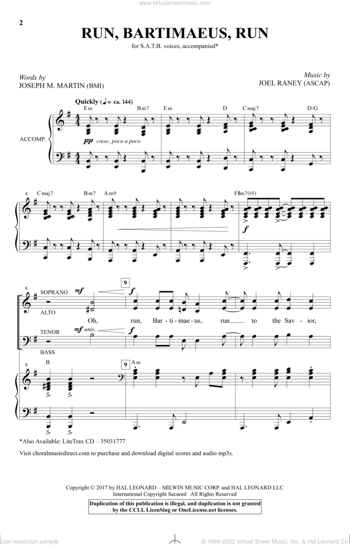 Run Bartimaeus, Run sheet music for choir (SATB: soprano, alto, tenor, bass) by Joseph M. Martin and Joel Raney, intermediate skill level