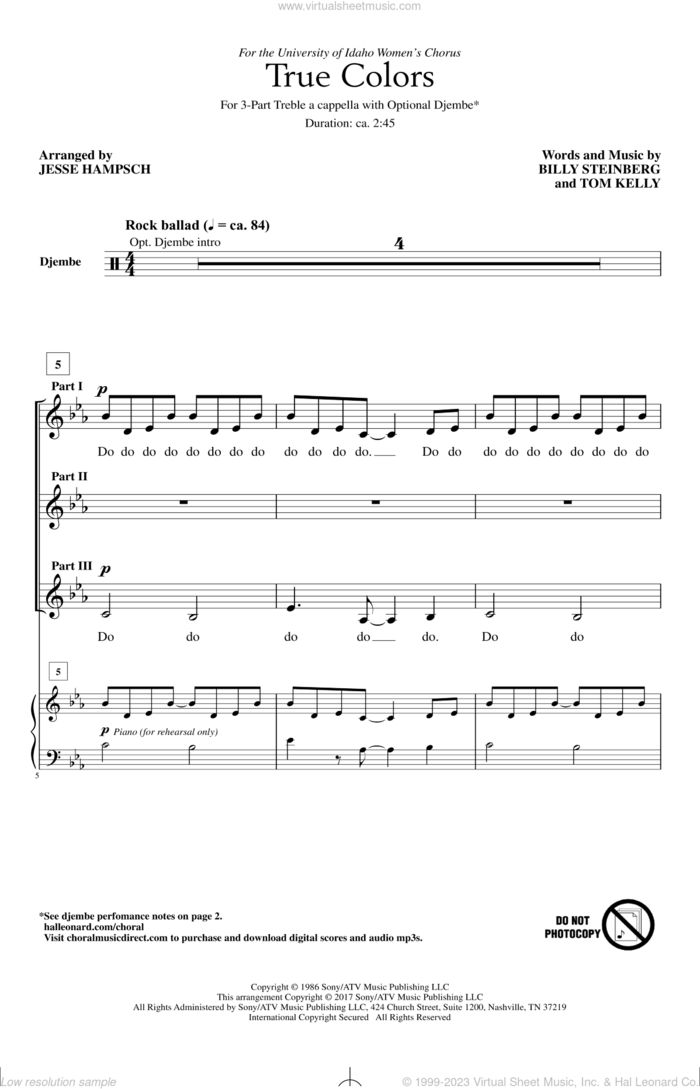 True Colors (arr. Jesse Hampsch) sheet music for choir (3-Part Treble) by Billy Steinberg, Jesse Hampsch, Cyndi Lauper, Phil Collins and Tom Kelly, intermediate skill level