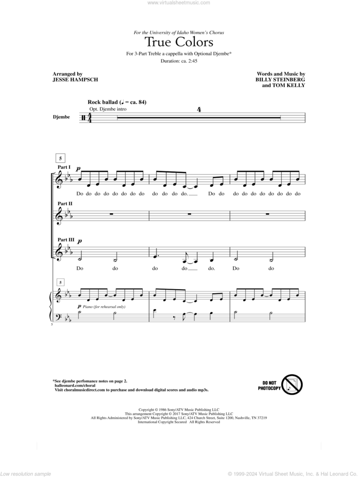 True Colors (arr. Jesse Hampsch) sheet music for choir (3-Part Treble) by Billy Steinberg, Jesse Hampsch, Cyndi Lauper, Phil Collins and Tom Kelly, intermediate skill level