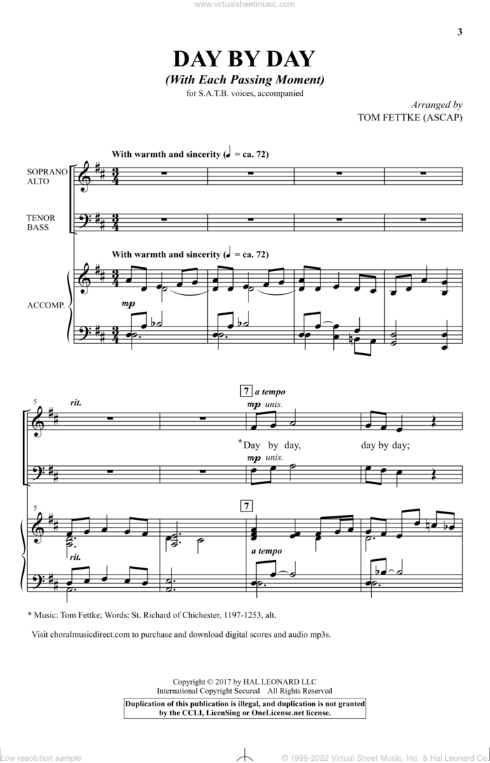 Day By Day (With Each Passing Moment) sheet music for choir (SATB: soprano, alto, tenor, bass) by Tom Fettke, Carolina Sandell Berg, Oscar Ahnfelt and St. Richard of Chichester, intermediate skill level