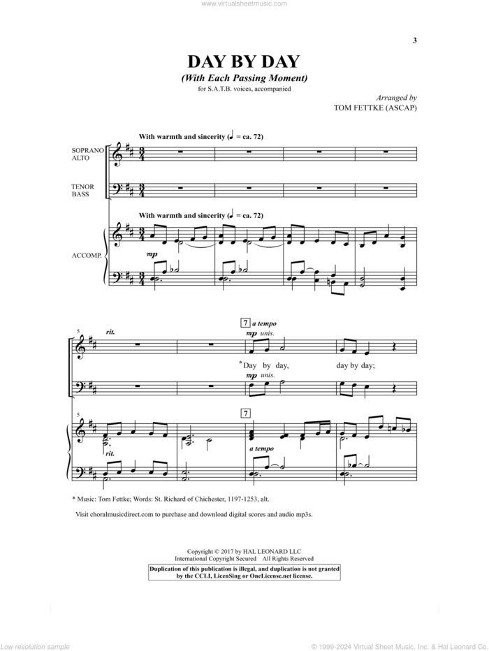 Day By Day (With Each Passing Moment) sheet music for choir (SATB: soprano, alto, tenor, bass) by Tom Fettke, Carolina Sandell Berg, Oscar Ahnfelt and St. Richard of Chichester, intermediate skill level