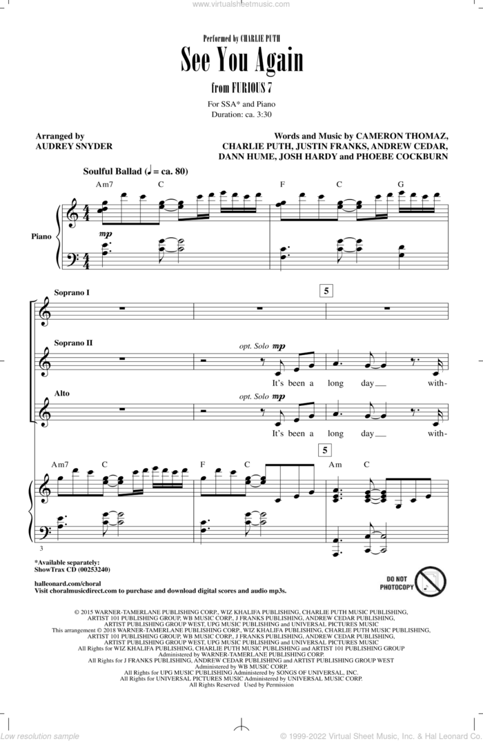 See You Again (feat. Charlie Puth) (arr. Audrey Snyder) sheet music for choir (SSA: soprano, alto) by Charlie Puth, Audrey Snyder, Wiz Khalifa, Wiz Khalifa feat. Charlie Puth, Andrew Cedar, Cameron Thomaz, Justin Franks and Phoebe Cockburn, intermediate skill level