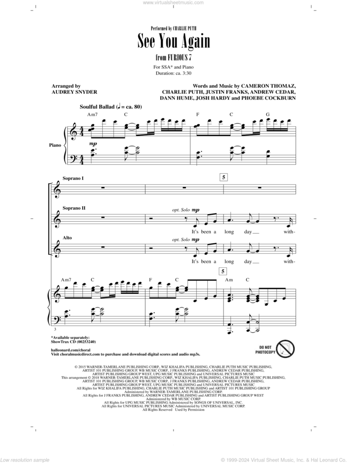 See You Again (feat. Charlie Puth) (arr. Audrey Snyder) sheet music for choir (SSA: soprano, alto) by Charlie Puth, Audrey Snyder, Wiz Khalifa, Wiz Khalifa feat. Charlie Puth, Andrew Cedar, Cameron Thomaz, Justin Franks and Phoebe Cockburn, intermediate skill level