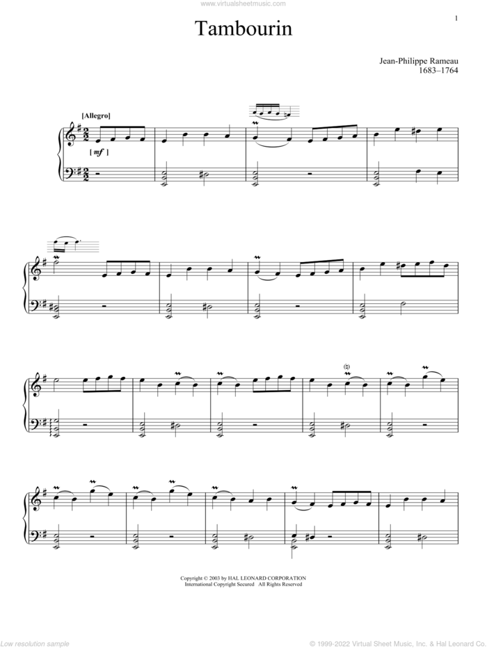 Tambourin sheet music for piano solo by Jean-Philippe Rameau, classical score, intermediate skill level