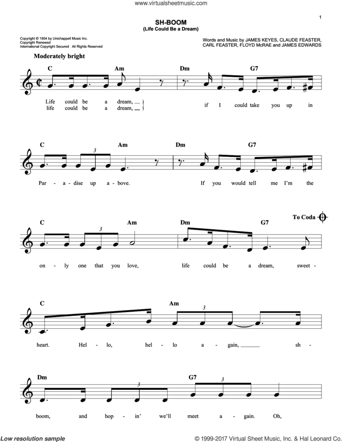 Sh-Boom sheet music for voice and other instruments (fake book) by The Crew-Cuts, Carl Feaster, Claude Feaster, Floyd McRae, James Edwards and James Keyes, easy skill level