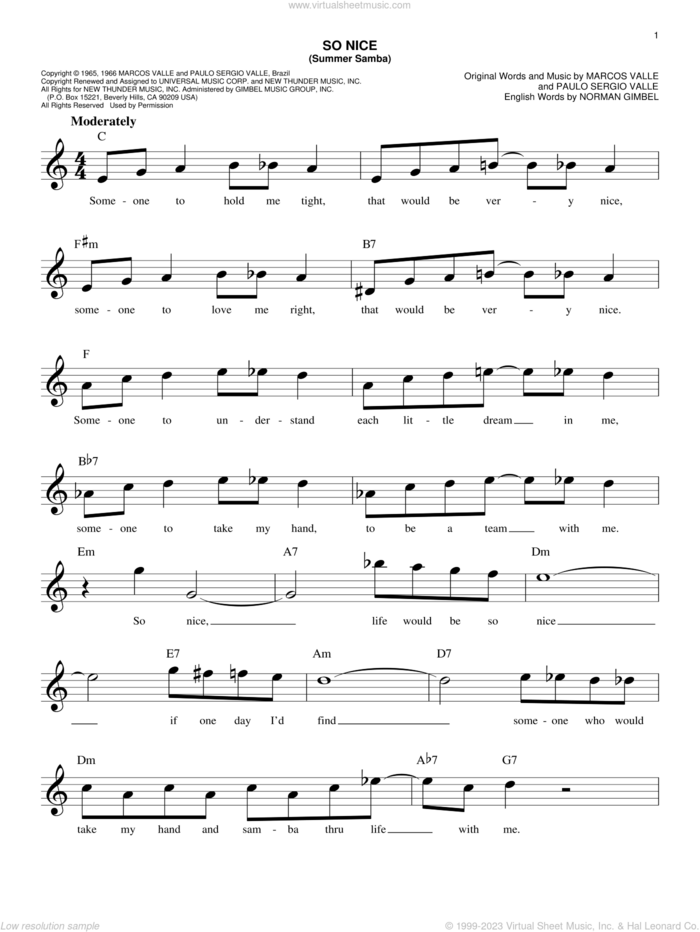 So Nice (Summer Samba) sheet music for voice and other instruments (fake book) by Walter Wanderley, Marcos Valle, Norman Gimbel and Paulo Sergio Valle, easy skill level