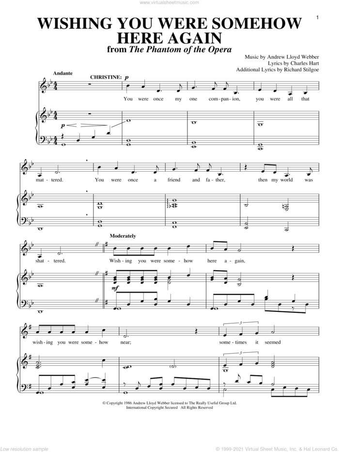 Wishing You Were Somehow Here Again (from The Phantom Of The Opera) sheet music for voice and piano by Andrew Lloyd Webber, Charles Hart and Richard Stilgoe, intermediate skill level