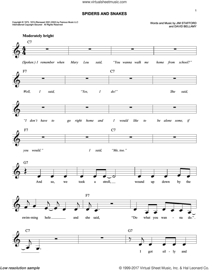 Spiders And Snakes sheet music for voice and other instruments (fake book) by The Party, David Bellamy and Jim Stafford, easy skill level
