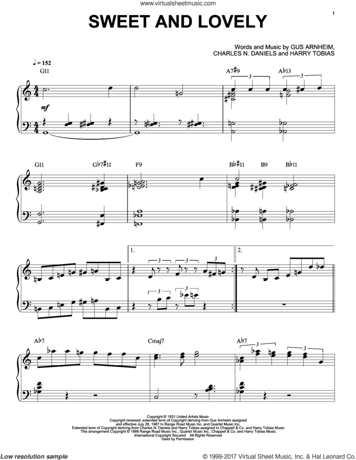 Sweet And Lovely sheet music for piano solo by Harry Tobias, Charles N. Daniels and Gus Arnheim, intermediate skill level