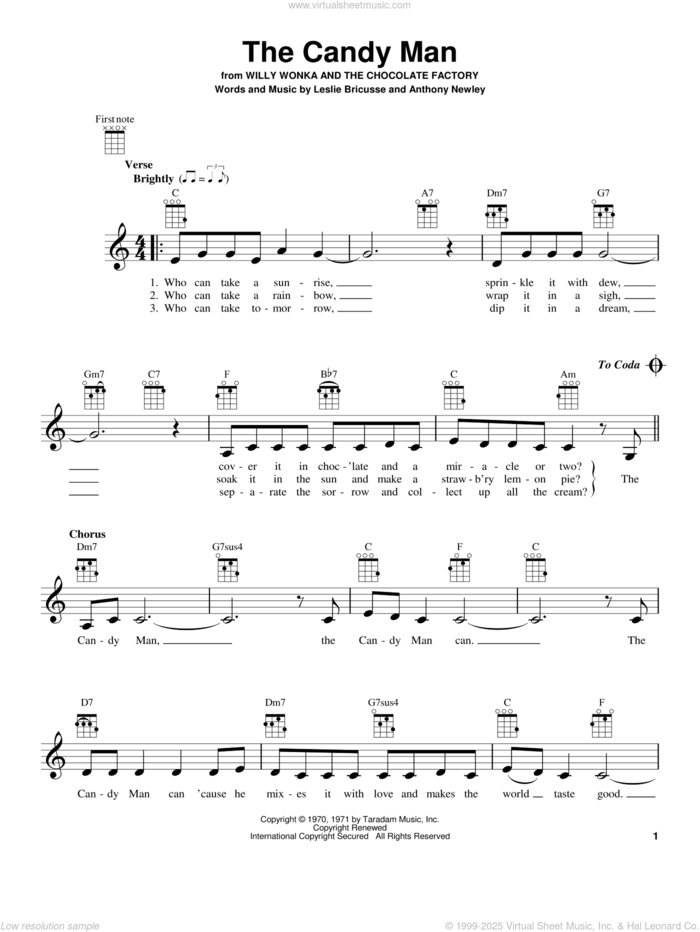 The Candy Man sheet music for ukulele by Leslie Bricusse, Sammy Davis, Jr. and Anthony Newley, intermediate skill level