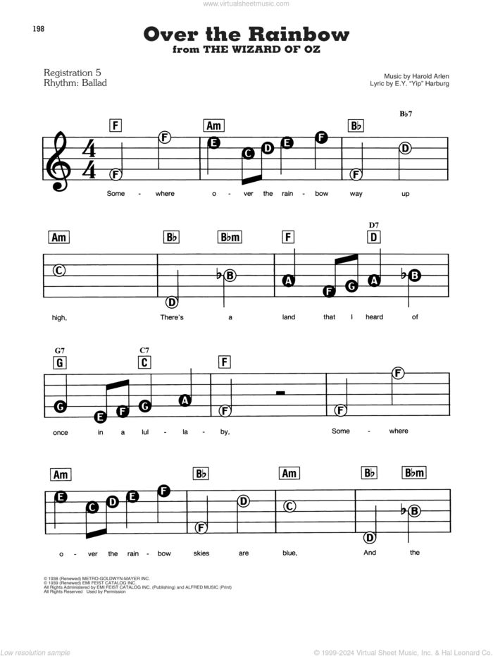 Over The Rainbow sheet music for piano or keyboard (E-Z Play) by Harold Arlen and E.Y. Harburg, easy skill level