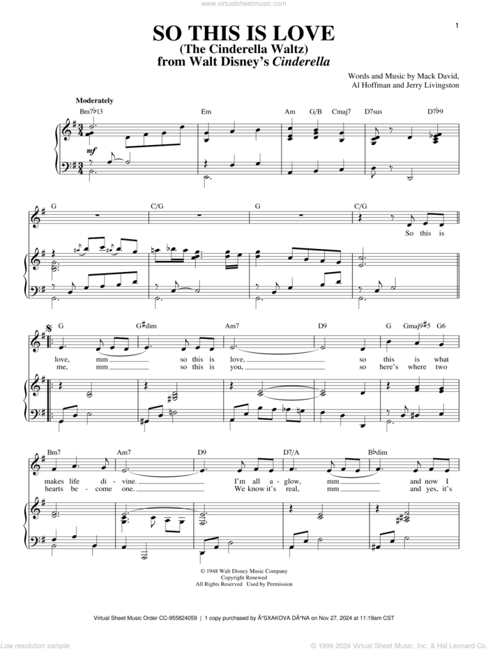 So This Is Love (from Cinderella) sheet music for voice and piano by Al Hoffman, Jerry Livingston, Mack David and Mack David, Al Hoffman and Jerry Livingston, intermediate skill level