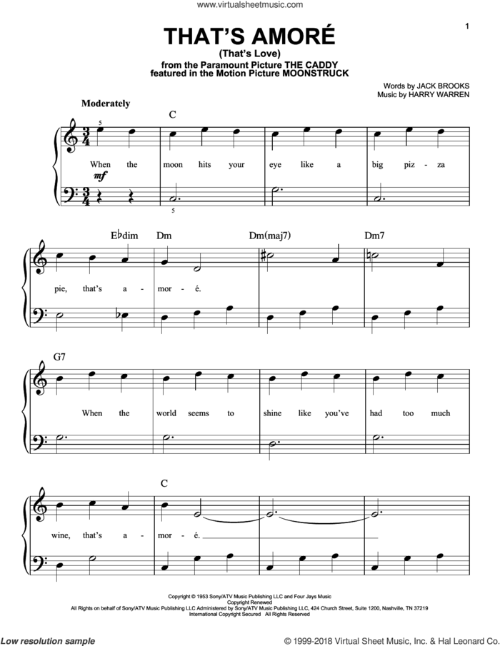 That's Amore (That's Love) sheet music for piano solo by Harry Warren, Dean Martin and Jack Brooks, beginner skill level
