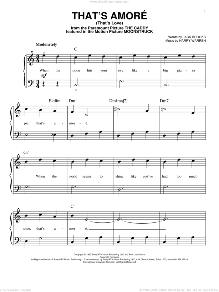 That's Amore (That's Love) sheet music for piano solo by Harry Warren, Dean Martin and Jack Brooks, beginner skill level