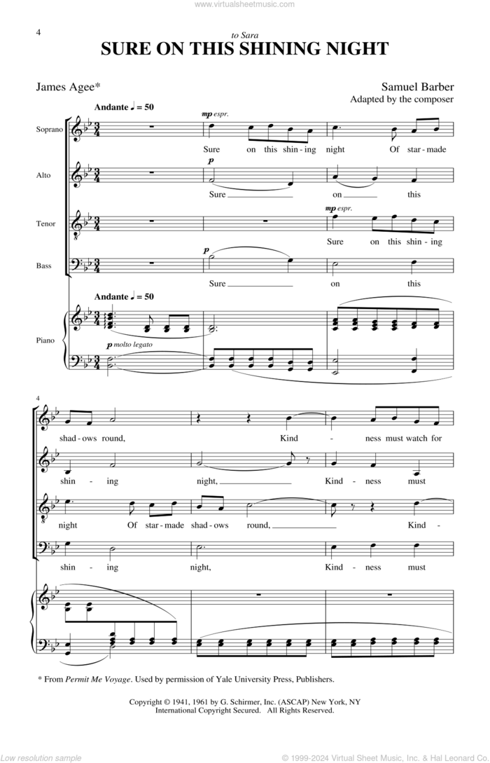Sure On This Shining Night sheet music for choir (SATB: soprano, alto, tenor, bass) by Samuel Barber and James Agee, intermediate skill level