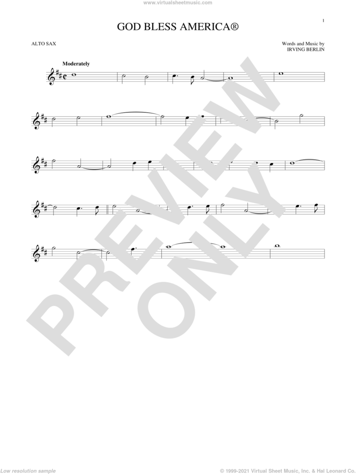 God Bless America sheet music for alto saxophone solo by Irving Berlin, intermediate skill level