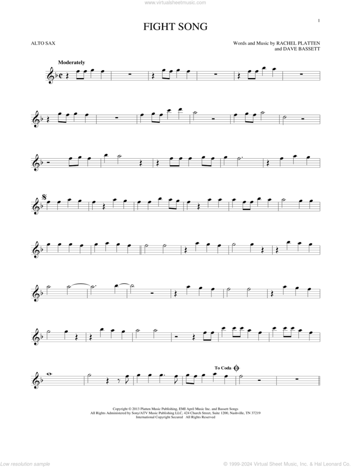 Fight Song sheet music for alto saxophone solo by Rachel Platten and Dave Bassett, intermediate skill level