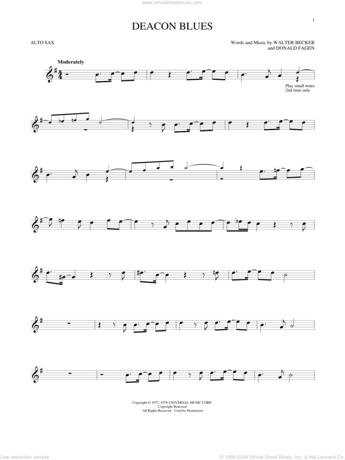 Deacon Blues sheet music for alto saxophone solo by Steely Dan, Donald Fagen and Walter Becker, intermediate skill level