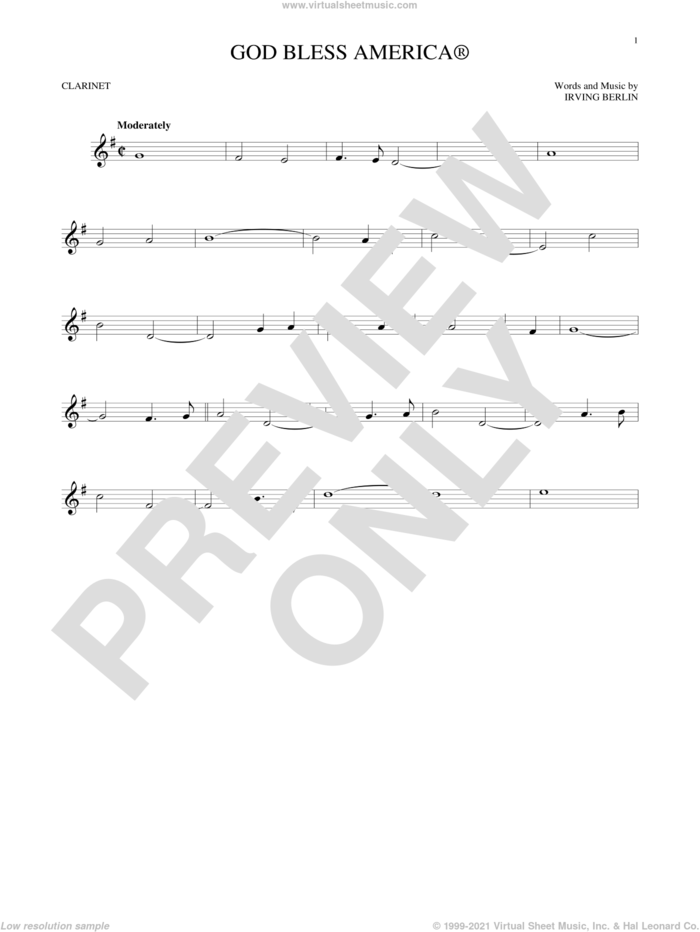God Bless America sheet music for clarinet solo by Irving Berlin, intermediate skill level