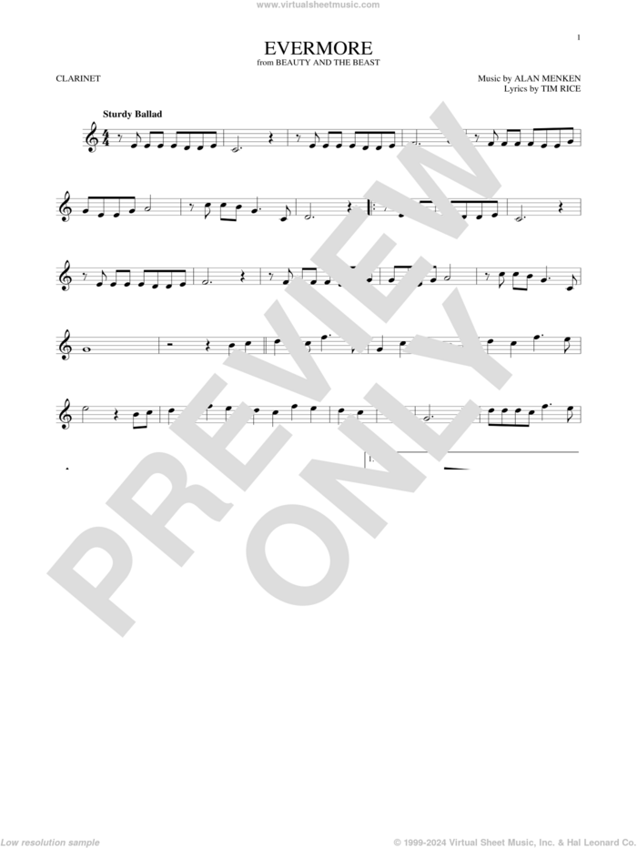 Evermore (from Beauty and the Beast) sheet music for clarinet solo by Josh Groban, Alan Menken and Tim Rice, intermediate skill level