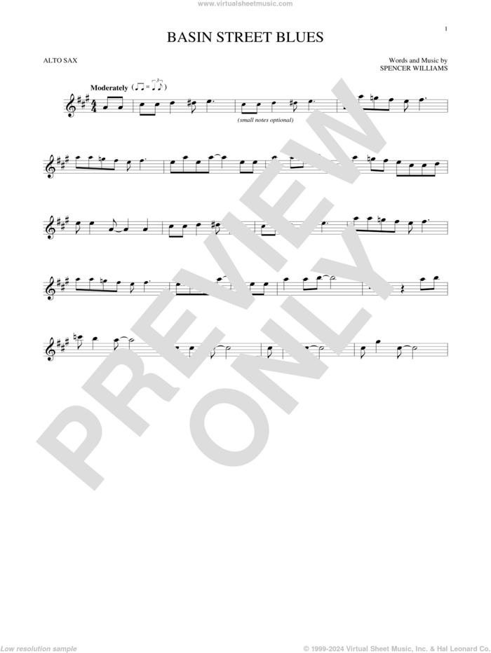 Basin Street Blues sheet music for alto saxophone solo by Spencer Williams, intermediate skill level