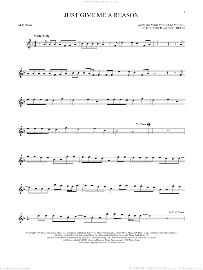Just Give Me A Reason sheet music for alto saxophone solo by Pink featuring Nate Ruess, Alecia Moore, Jeff Bhasker and Nate Ruess, intermediate skill level