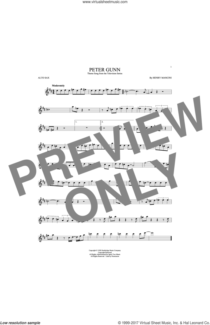 Peter Gunn sheet music for alto saxophone solo by Henry Mancini, intermediate skill level