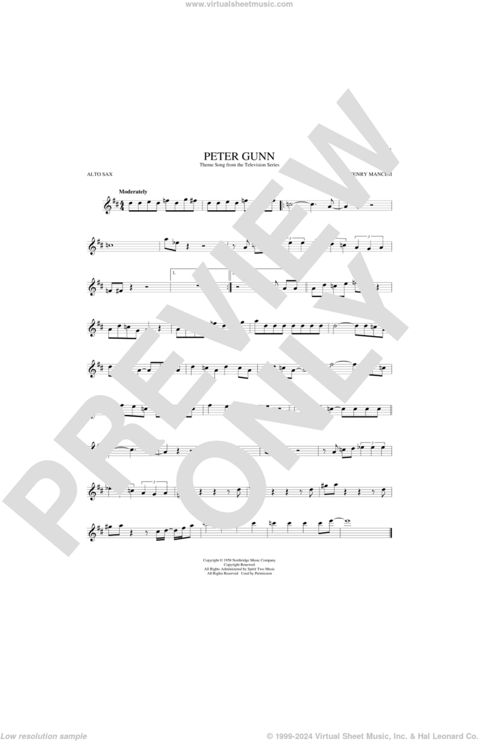 Peter Gunn sheet music for alto saxophone solo by Henry Mancini, intermediate skill level