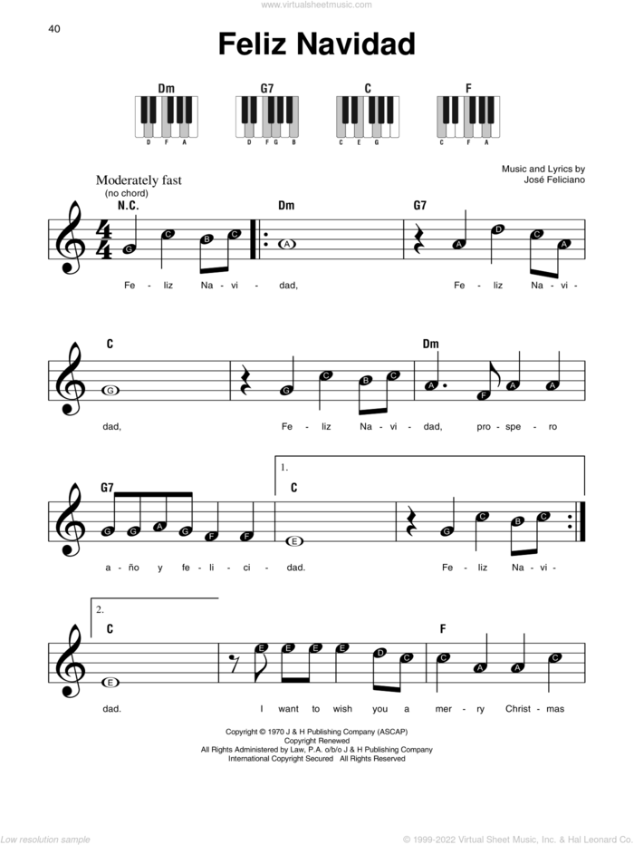 Feliz Navidad sheet music for piano solo by Jose Feliciano, beginner skill level