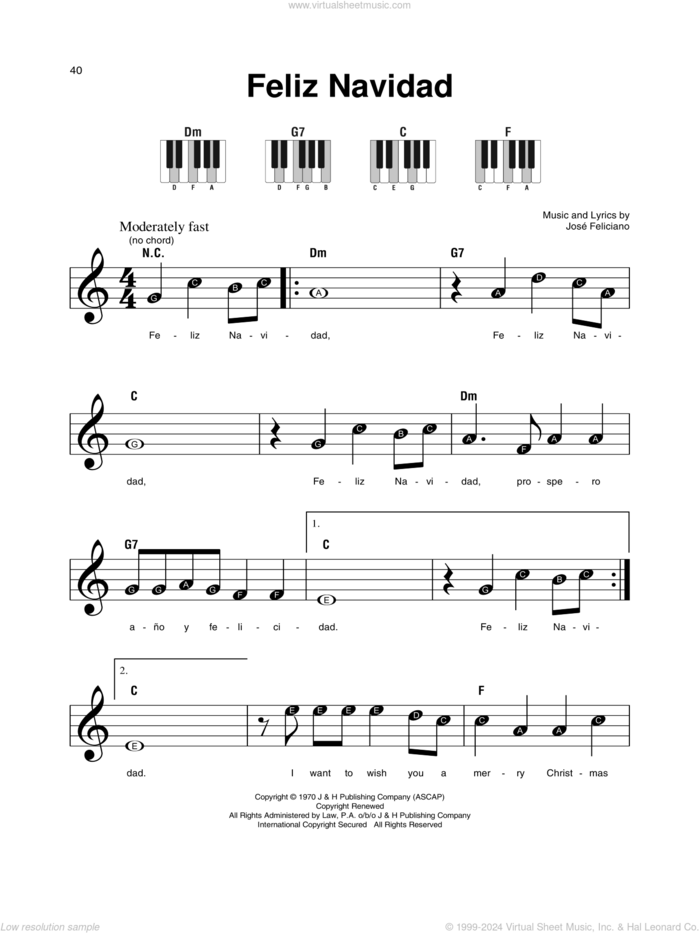 Feliz Navidad sheet music for piano solo by Jose Feliciano, beginner skill level