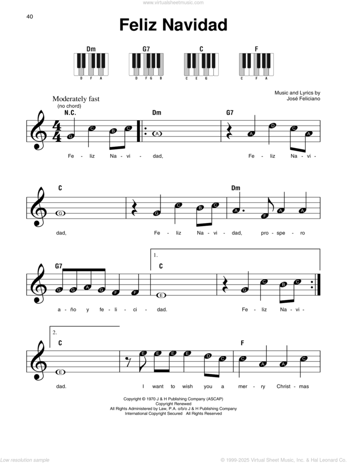 Feliz Navidad sheet music for piano solo by Jose Feliciano, beginner skill level