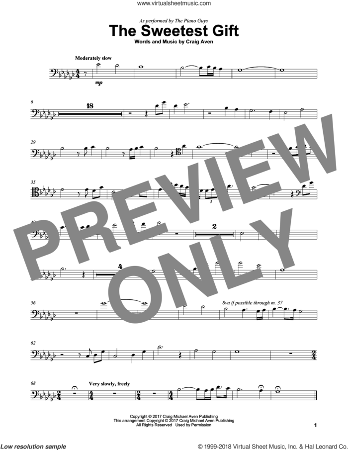 The Sweetest Gift sheet music for cello solo by The Piano Guys and Craig Aven, intermediate skill level