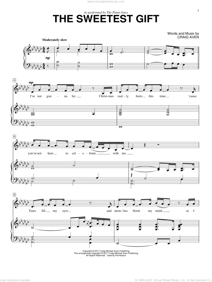 The Sweetest Gift sheet music for voice and piano by The Piano Guys and Craig Aven, intermediate skill level