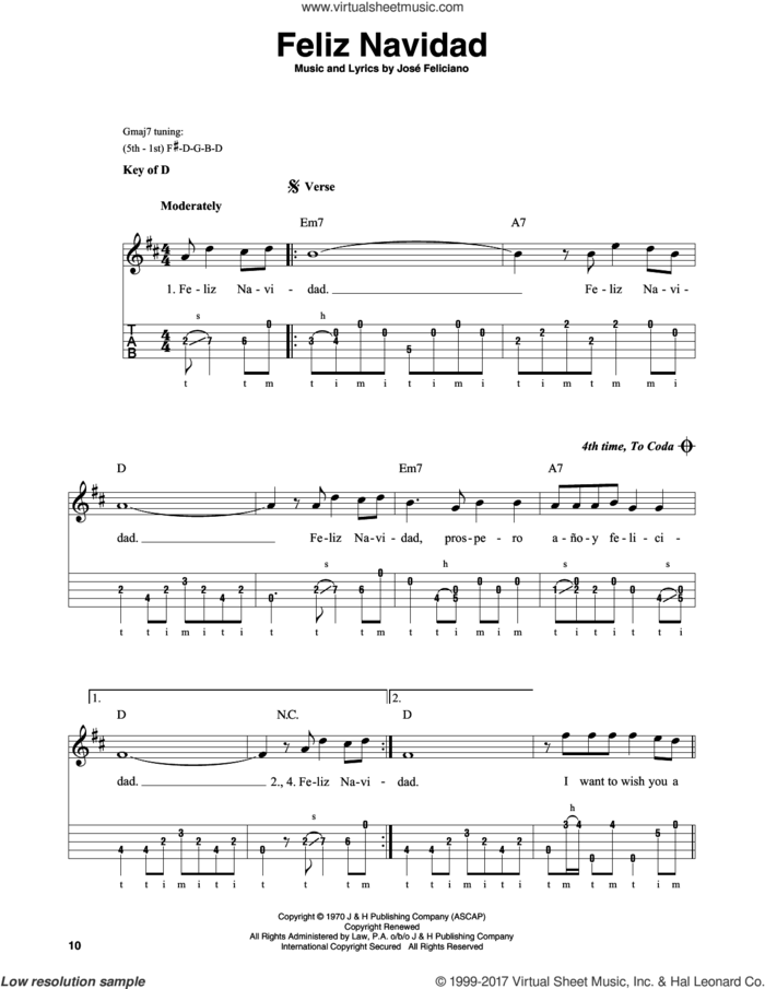 Feliz Navidad sheet music for banjo solo by Jose Feliciano, intermediate skill level