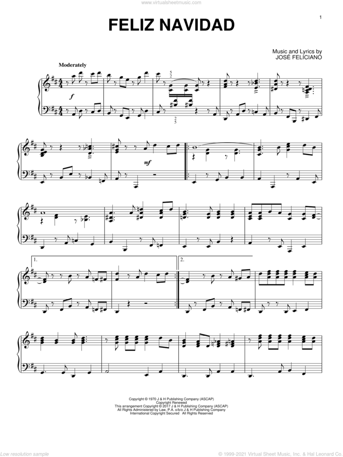 Feliz Navidad [Jazz version] (arr. Phillip Keveren) sheet music for piano solo by Jose Feliciano, intermediate skill level