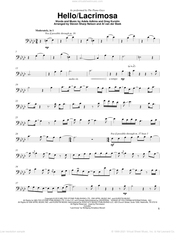 Hello/Lacrimosa sheet music for cello solo by The Piano Guys, Adele, Adele Adkins and Greg Kurstin, intermediate skill level
