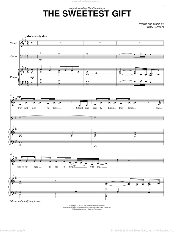 The Sweetest Gift sheet music for cello and piano by The Piano Guys and Craig Aven, intermediate skill level