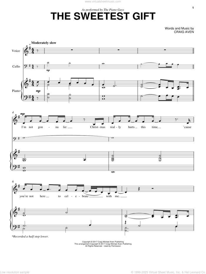 The Sweetest Gift sheet music for cello and piano by The Piano Guys and Craig Aven, intermediate skill level