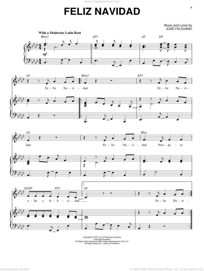 Feliz Navidad sheet music for voice and piano by Jose Feliciano, intermediate skill level