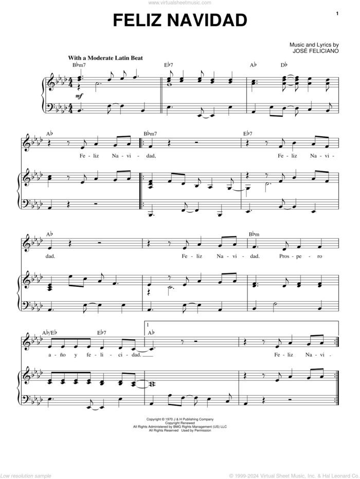 Feliz Navidad sheet music for voice and piano by Jose Feliciano, intermediate skill level