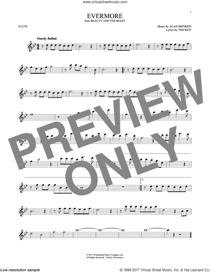 Evermore (from Beauty and the Beast) sheet music for flute solo by Josh Groban, Alan Menken and Tim Rice, intermediate skill level