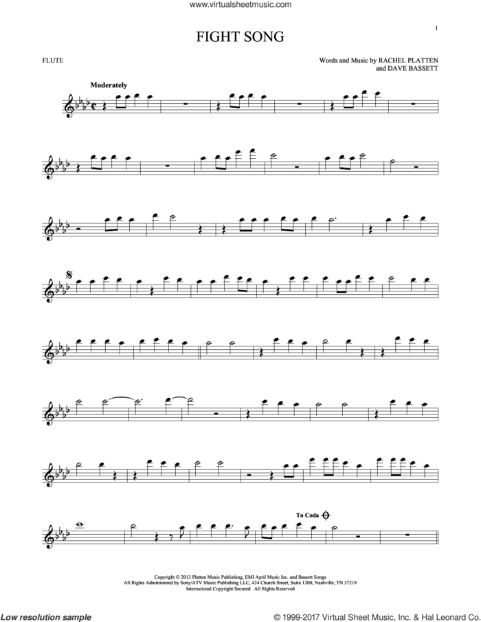 Fight Song sheet music for flute solo by Rachel Platten and Dave Bassett, intermediate skill level