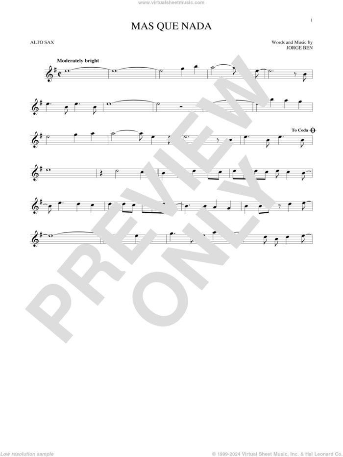 Mas Que Nada (Say No More) sheet music for alto saxophone solo by Sergio Mendes and Jorge Ben, intermediate skill level