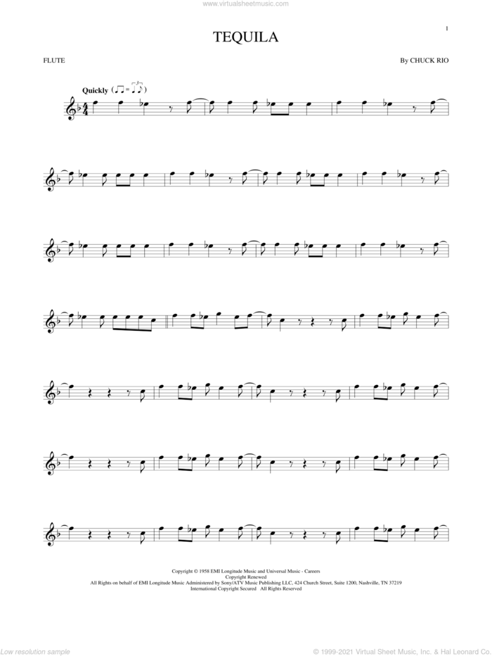 Tequila sheet music for flute solo by The Champs and Chuck Rio, intermediate skill level