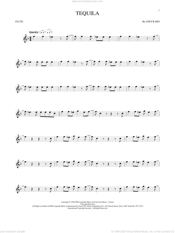 Tequila sheet music for flute solo by The Champs and Chuck Rio, intermediate skill level